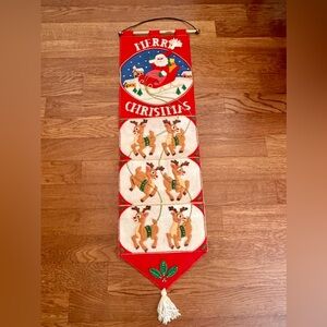 Vintage Merry Christmas Felt Card Holder. Santa In Sleigh, Reindeer